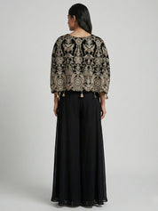Black Embroidered Three-Piece Set with Cape Jacket & Tassel Details In Georgette & Chinon