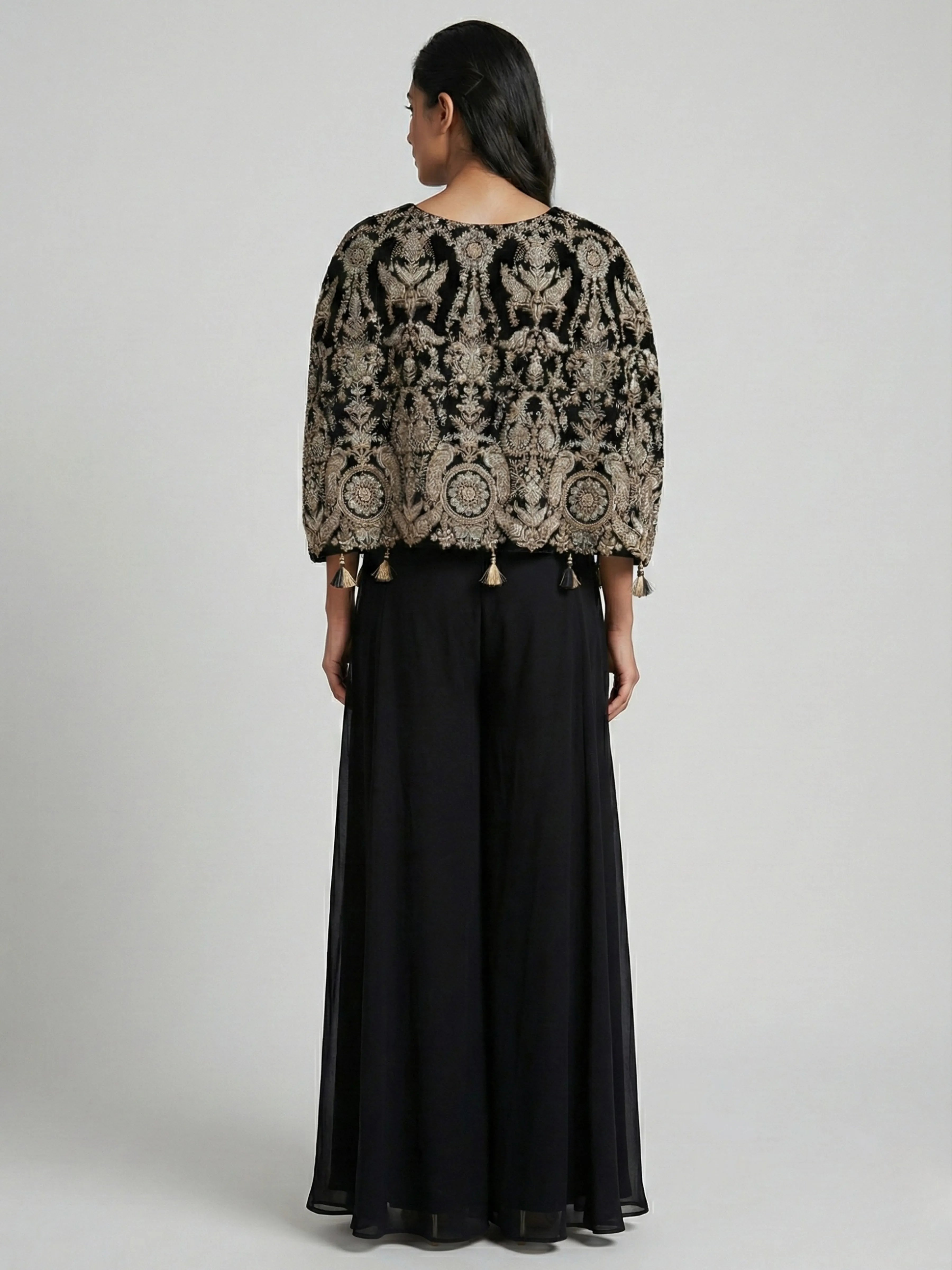 Black Embroidered Three-Piece Set with Cape Jacket & Tassel Details In Georgette & Chinon