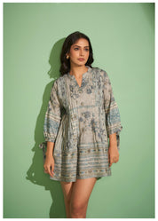 Multi-Floral Print Cotton Viscose Pleated Tunic