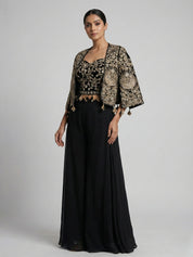 Black Embroidered Three-Piece Set with Cape Jacket & Tassel Details In Georgette & Chinon