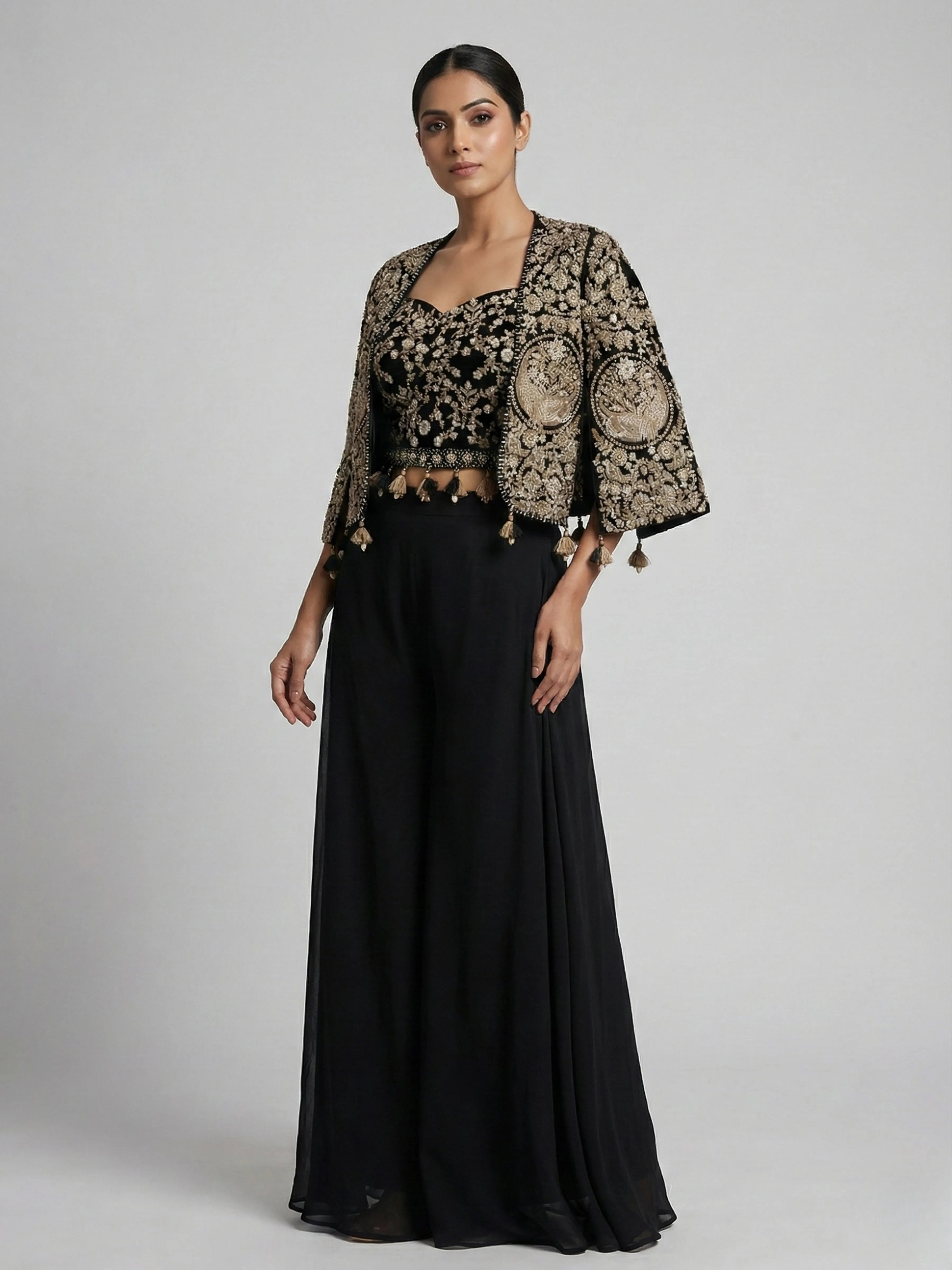 Black Embroidered Three-Piece Set with Cape Jacket & Tassel Details In Georgette & Chinon