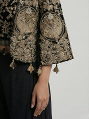 Black Embroidered Three-Piece Set with Cape Jacket & Tassel Details In Georgette & Chinon