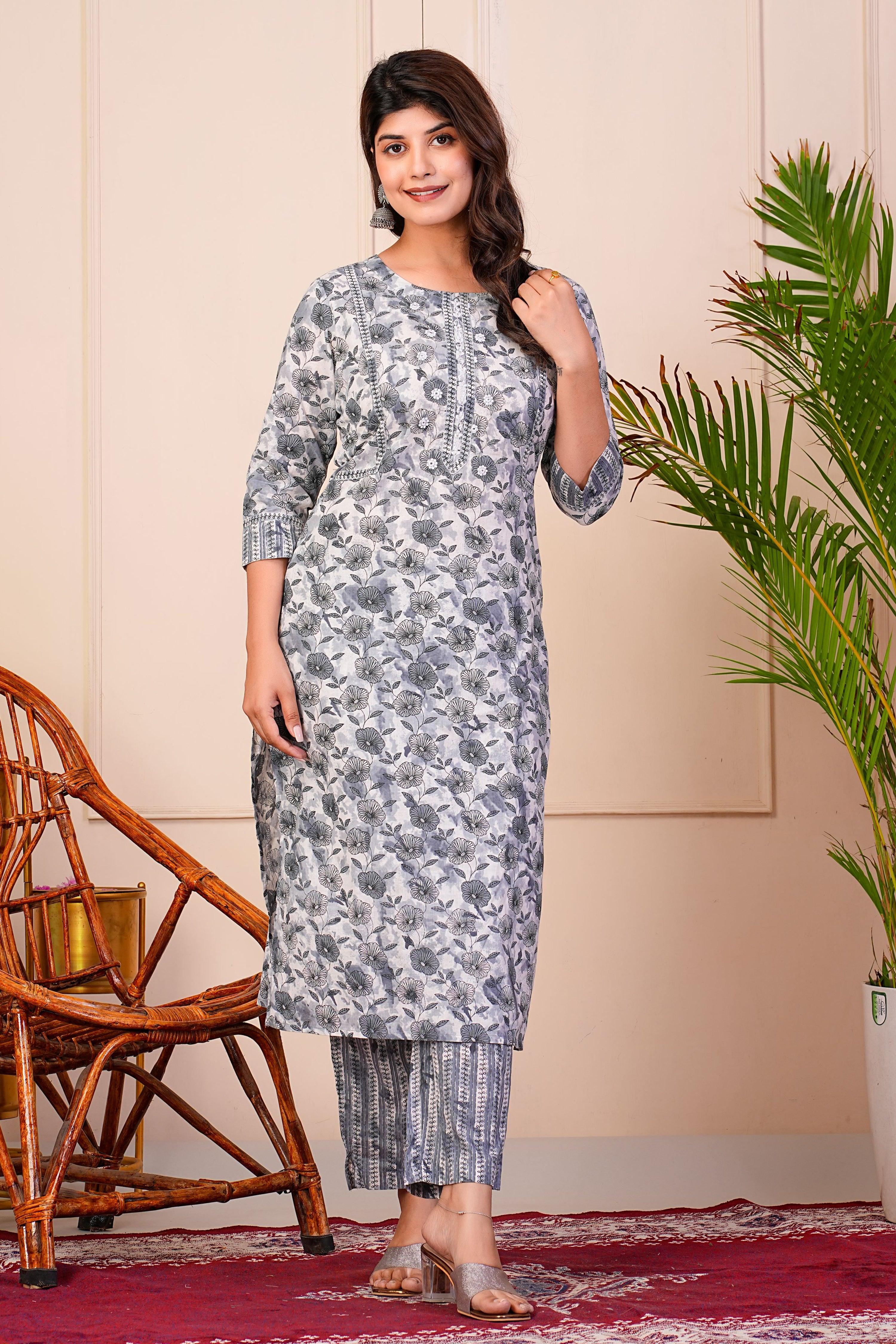 Grey Cotton Floral Printed Kurta Set - Kaftanize