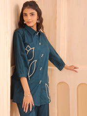 Teal Blue Cotton Co-ord Set with Rosebud Piping Embroidery