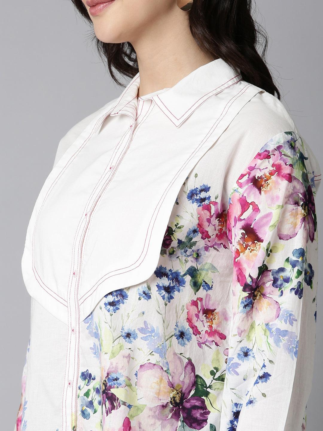 White Cotton Cambric Full-Sleeve Shirt with Patch Print