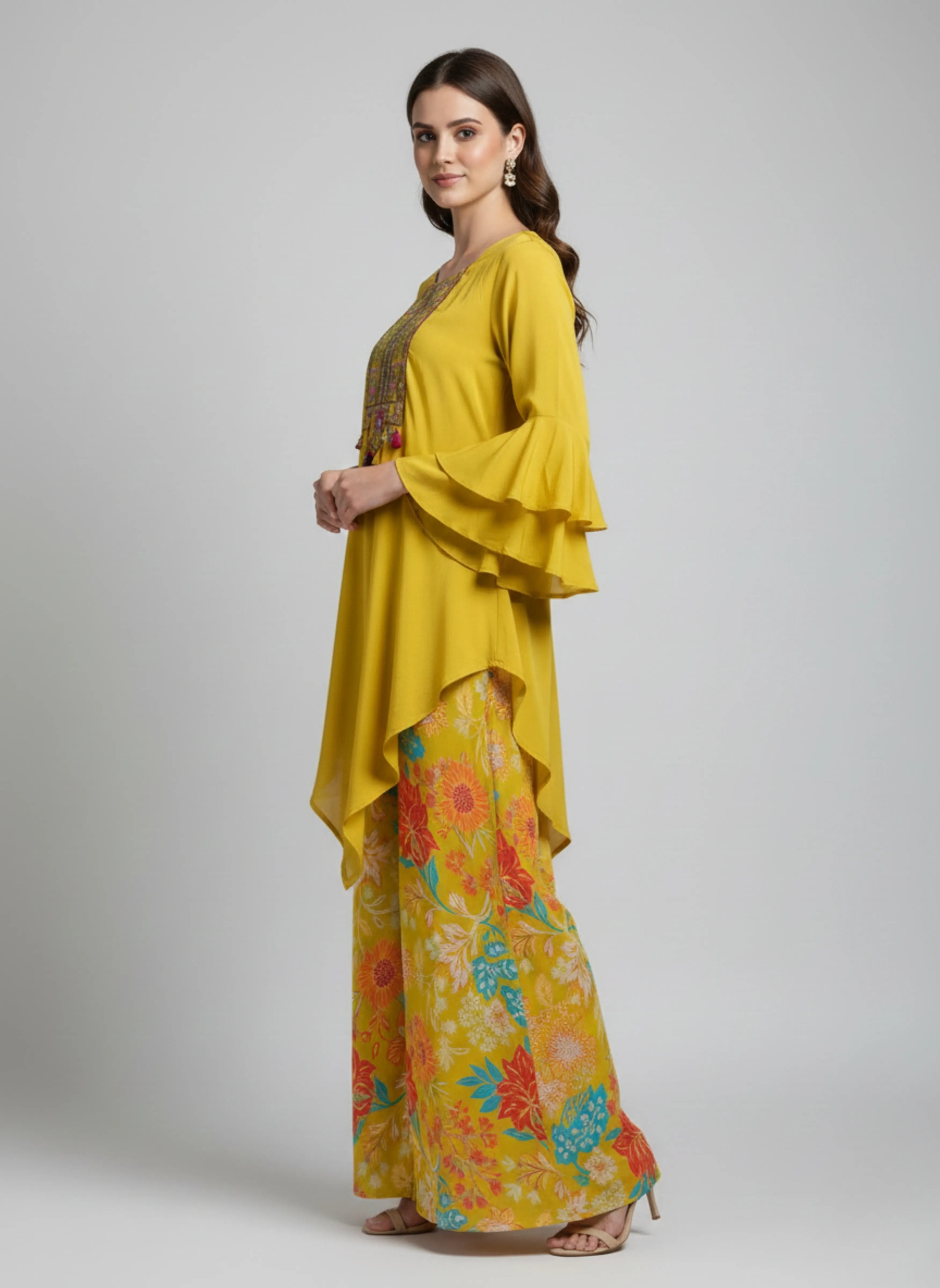 Yellow Asymmetrical Embroidered Kurti & Floral Palazzo Co-ord Set