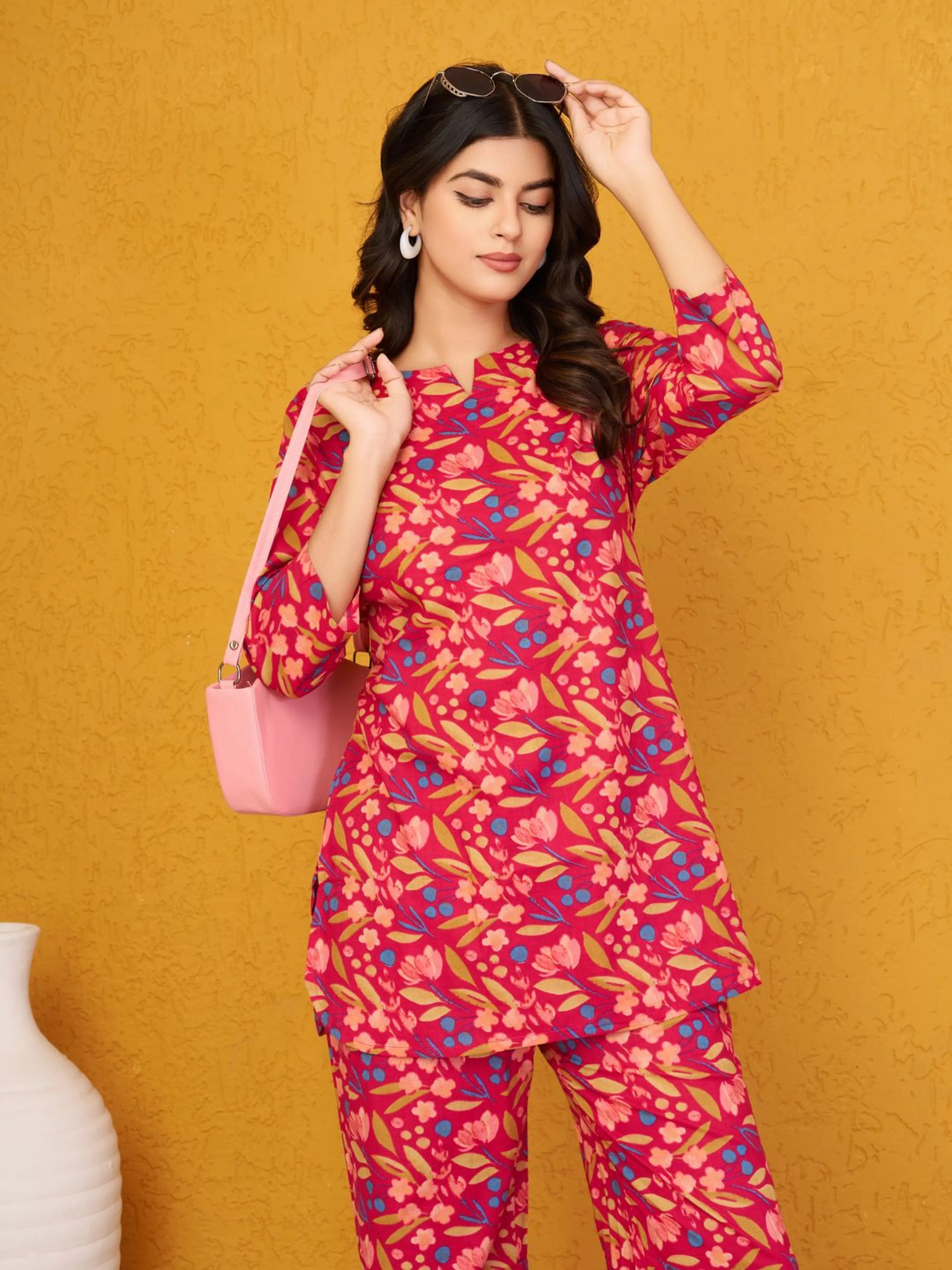 Raspberry Base Multicolor Floral Co-ord Set in Cotton Cambric