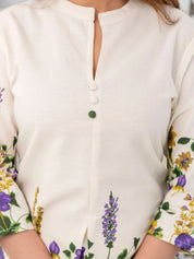 Cream Floral Placement Kurta & Wide-Leg Cotton Flex Co-ord Set