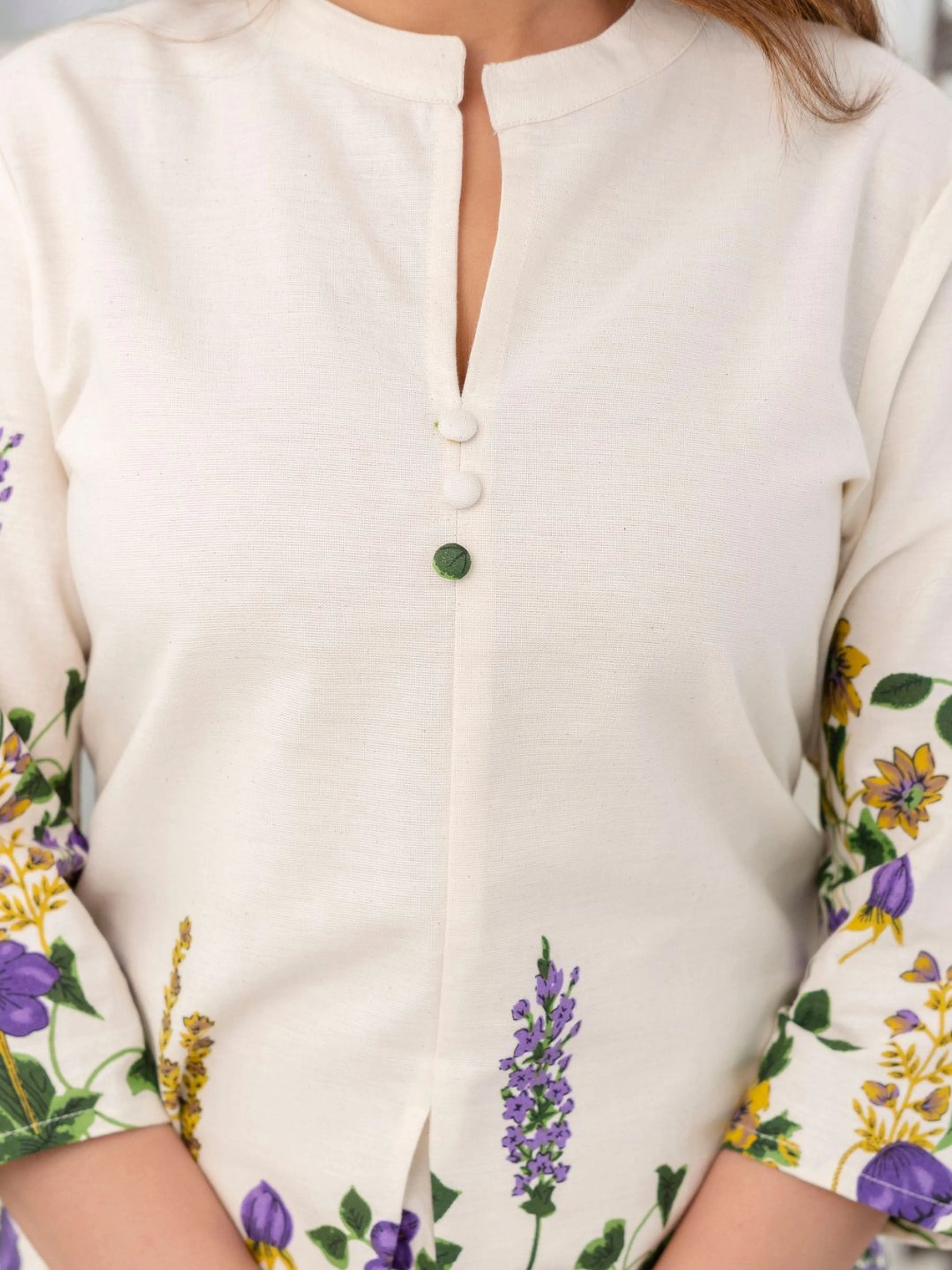 Cream Floral Placement Kurta & Wide-Leg Cotton Flex Co-ord Set