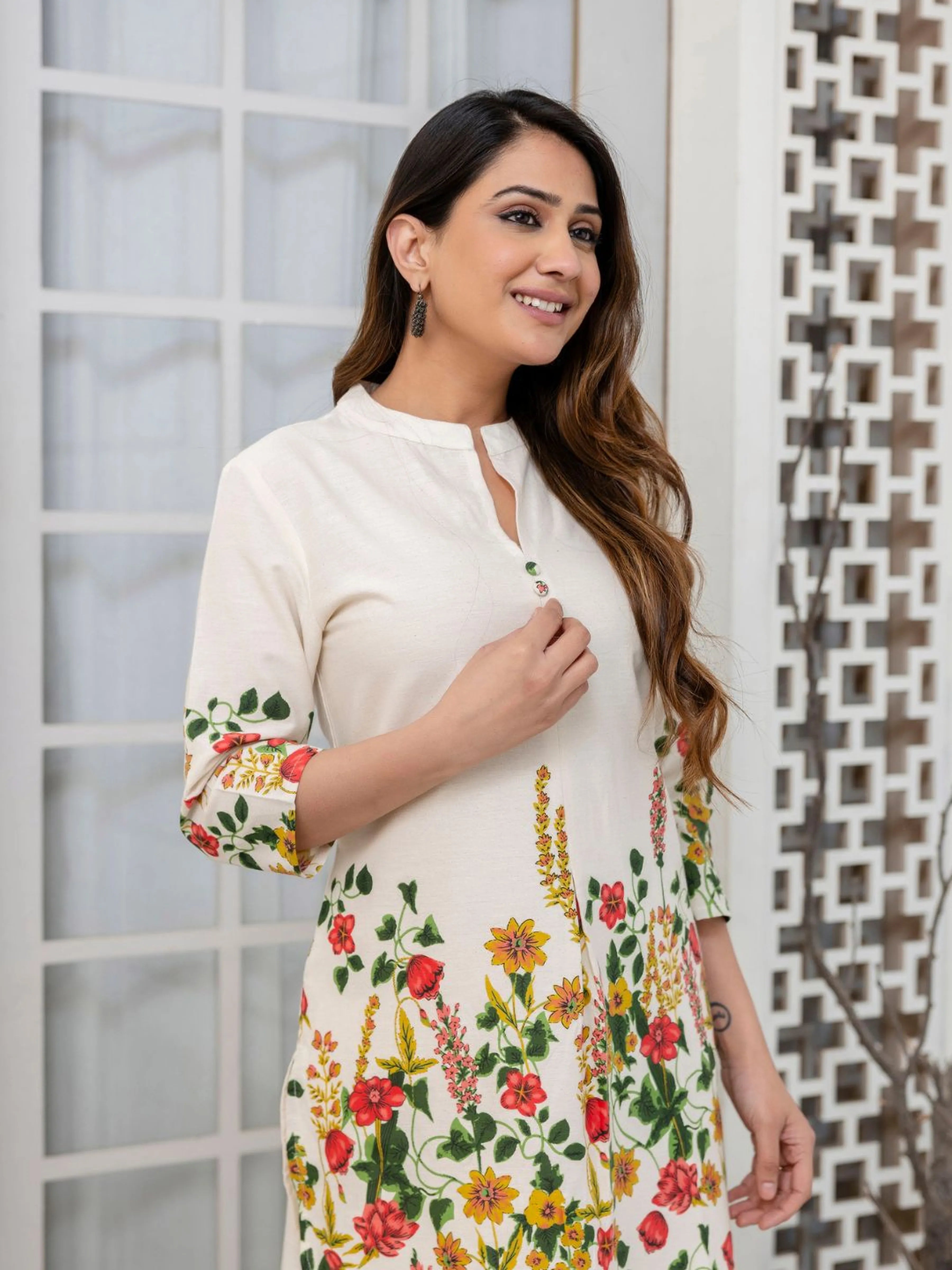 Cream Mandarin-Neck Kurta & Wide-Leg Floral Co-ord Set in Cotton Flex