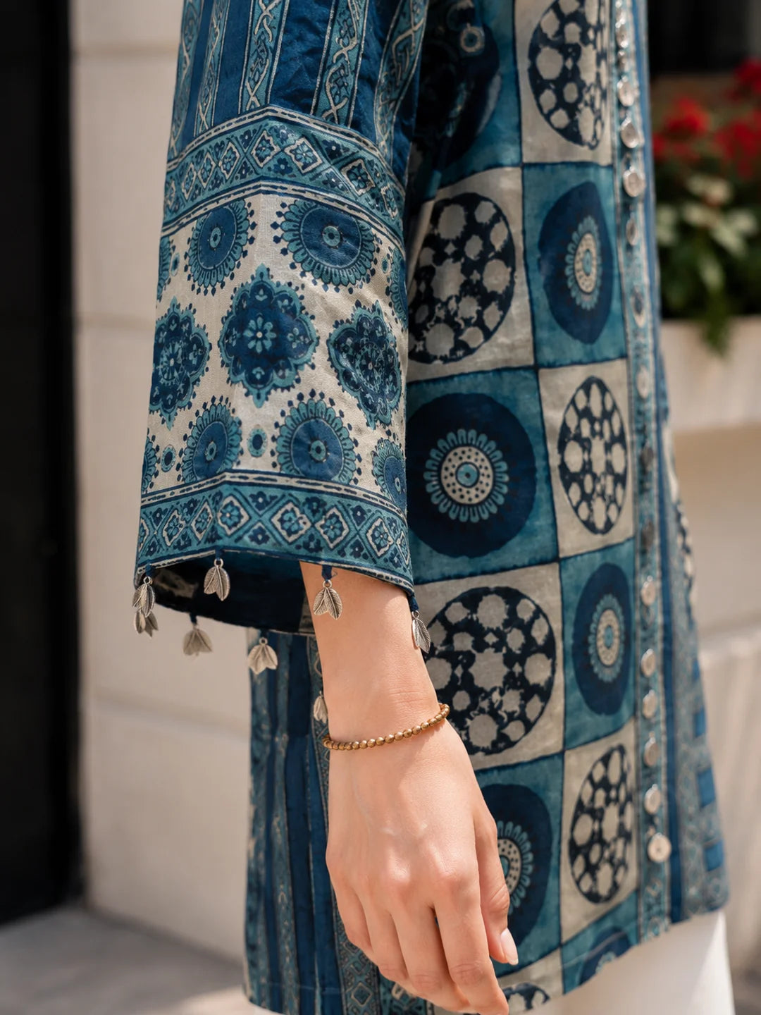 Blue and Beige Geometric Multi-Print Shirt in Crepe