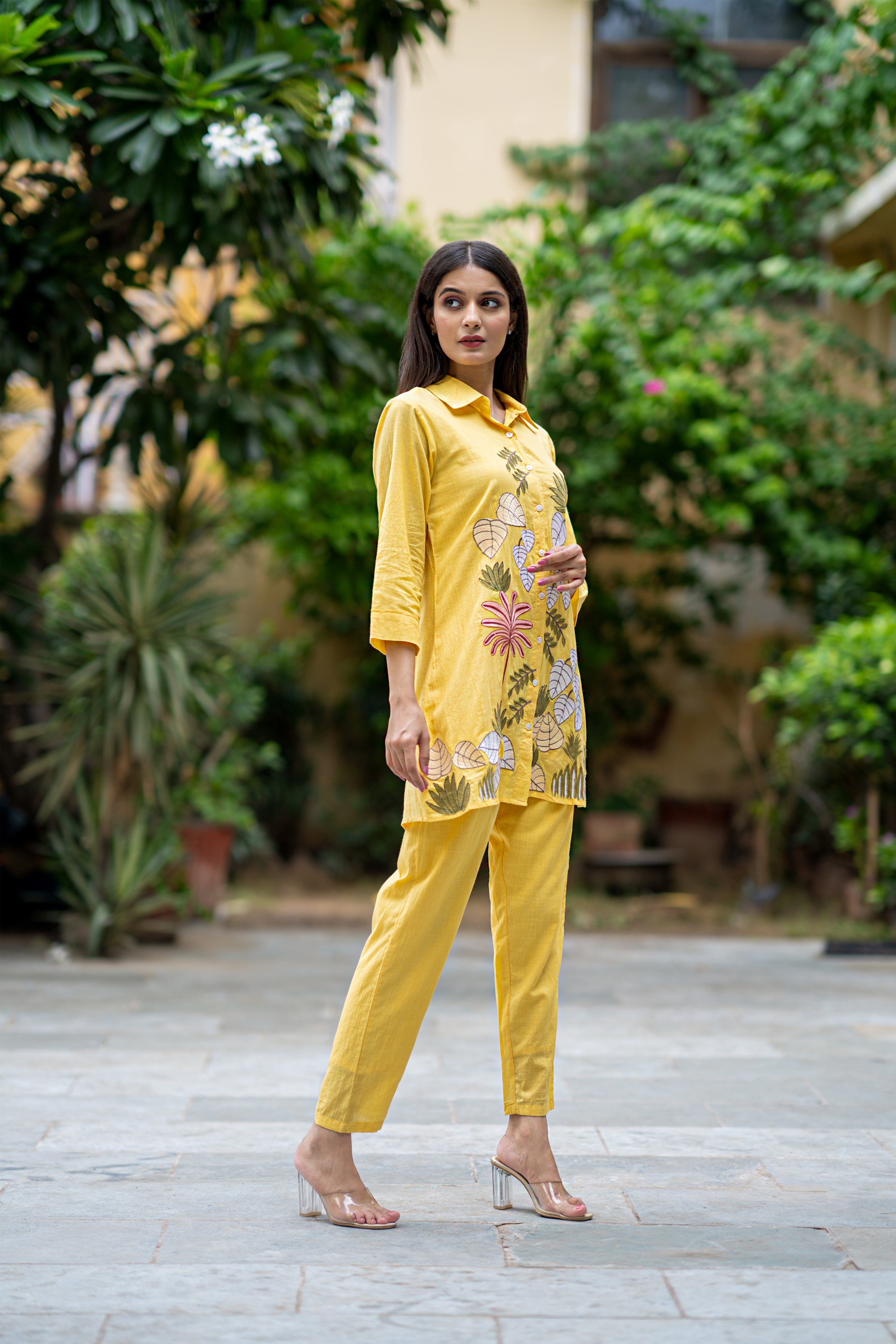 Varyna Yellow Floral Embroidered Cotton Tunic Set