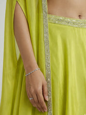 Lime Yellow Embroidered Gajji Silk Three-Piece Draped Set with Cape Jacket