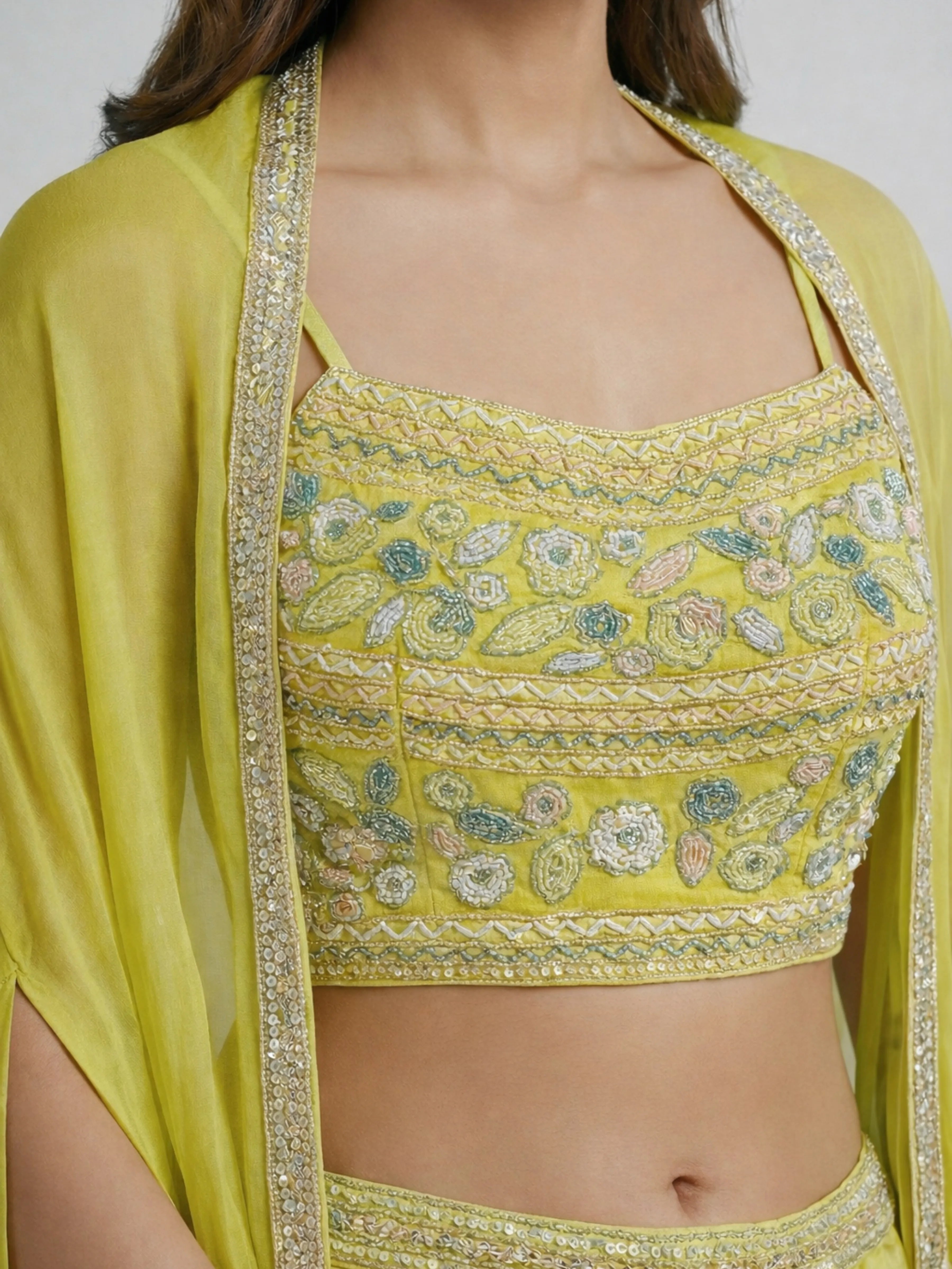 Lime Yellow Embroidered Gajji Silk Three-Piece Draped Set with Cape Jacket