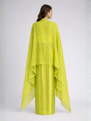 Lime Yellow Embroidered Gajji Silk Three-Piece Draped Set with Cape Jacket