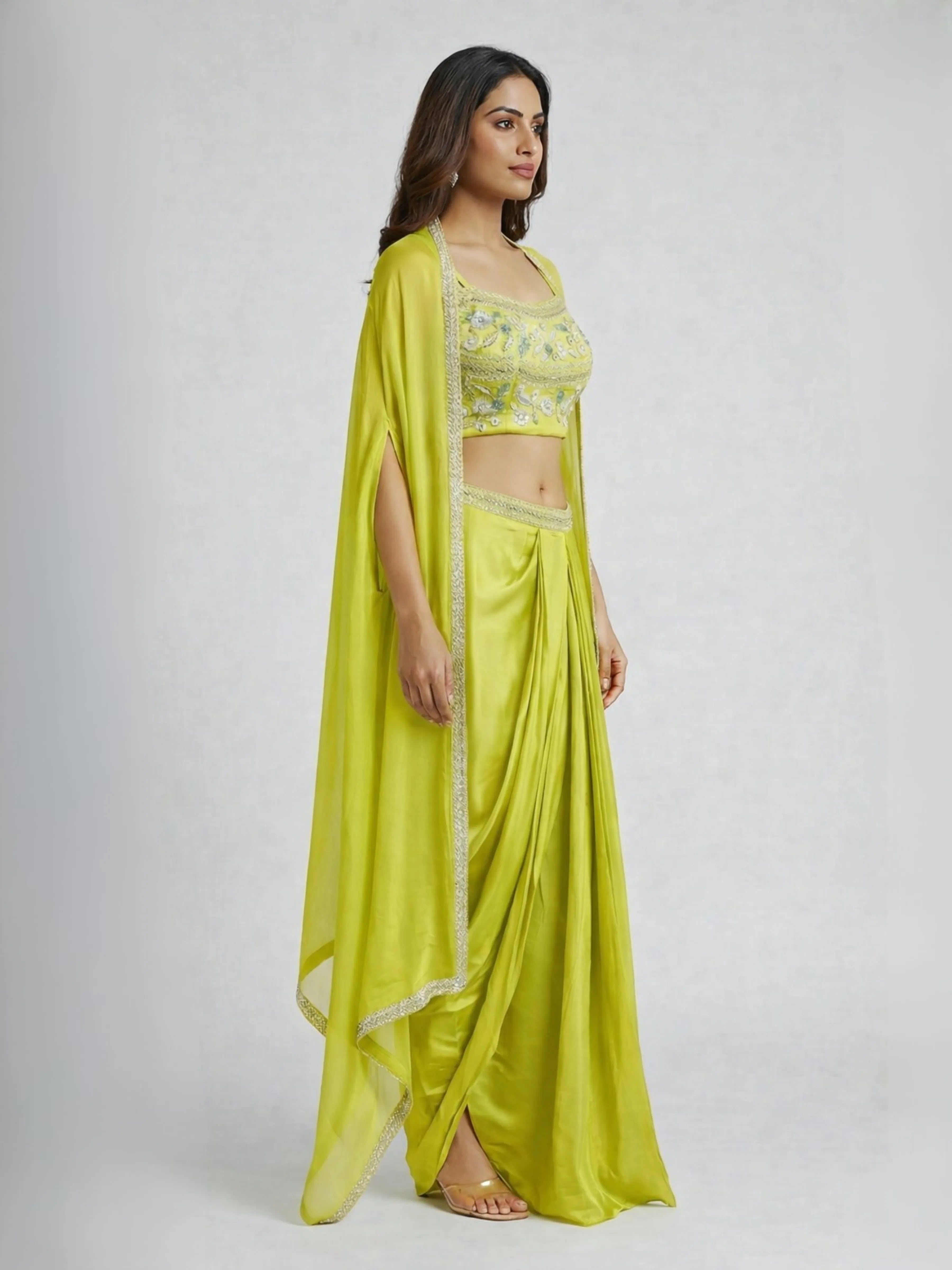 Lime Yellow Embroidered Gajji Silk Three-Piece Draped Set with Cape Jacket