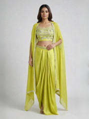 Lime Yellow Embroidered Gajji Silk Three-Piece Draped Set with Cape Jacket
