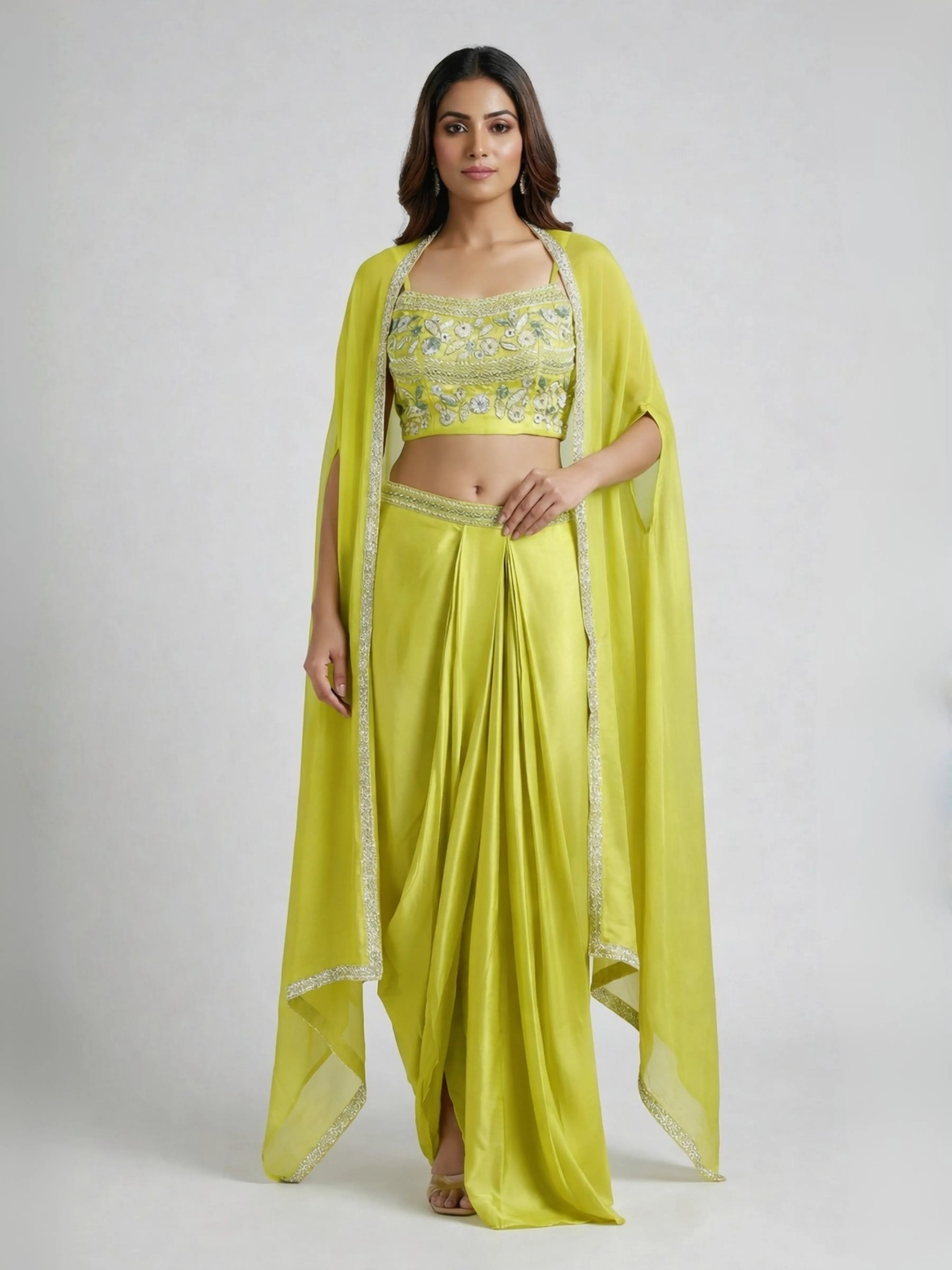 Lime Yellow Embroidered Gajji Silk Three-Piece Draped Set with Cape Jacket