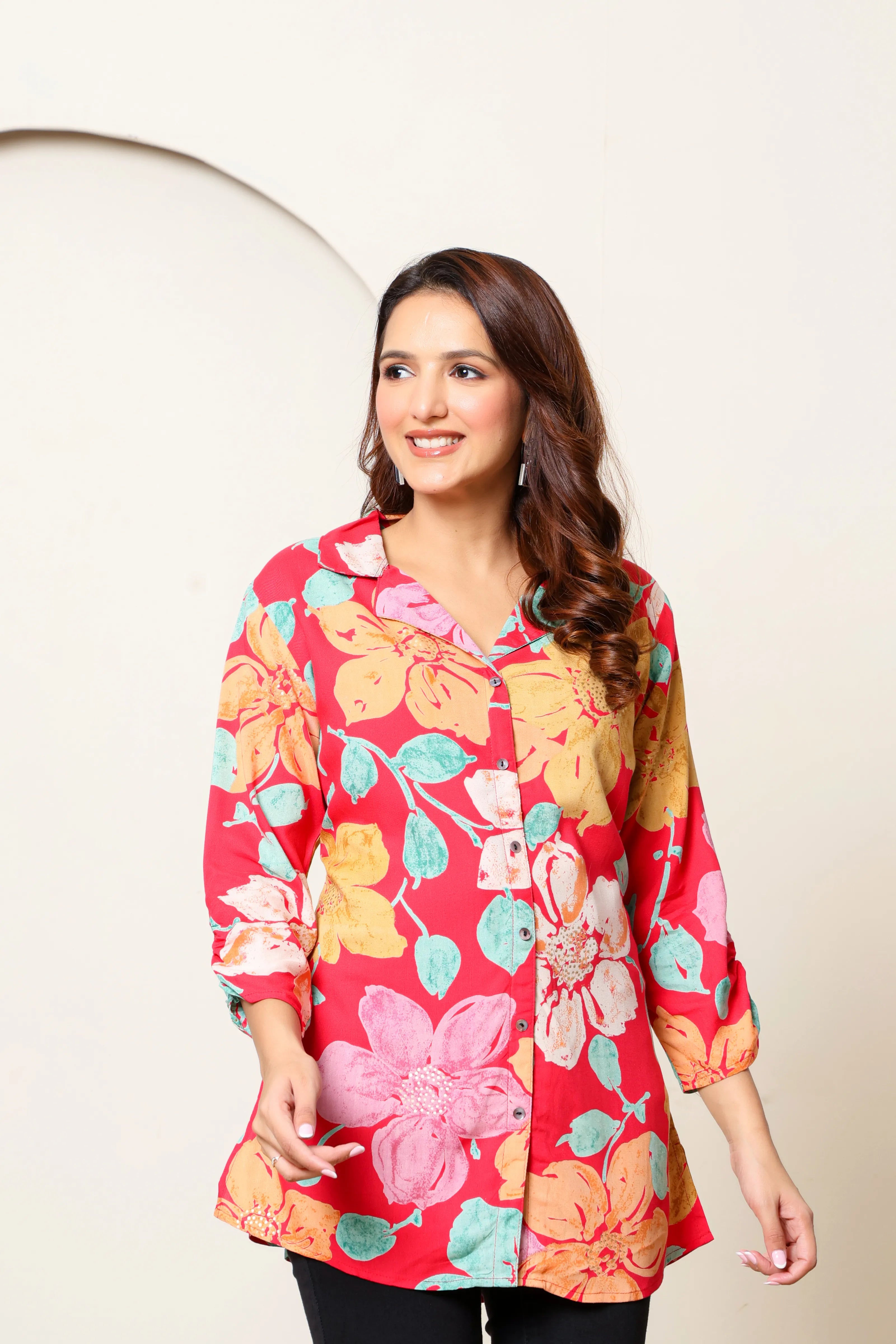 Pink Base Multicolor Floral Foil Printed Tunic