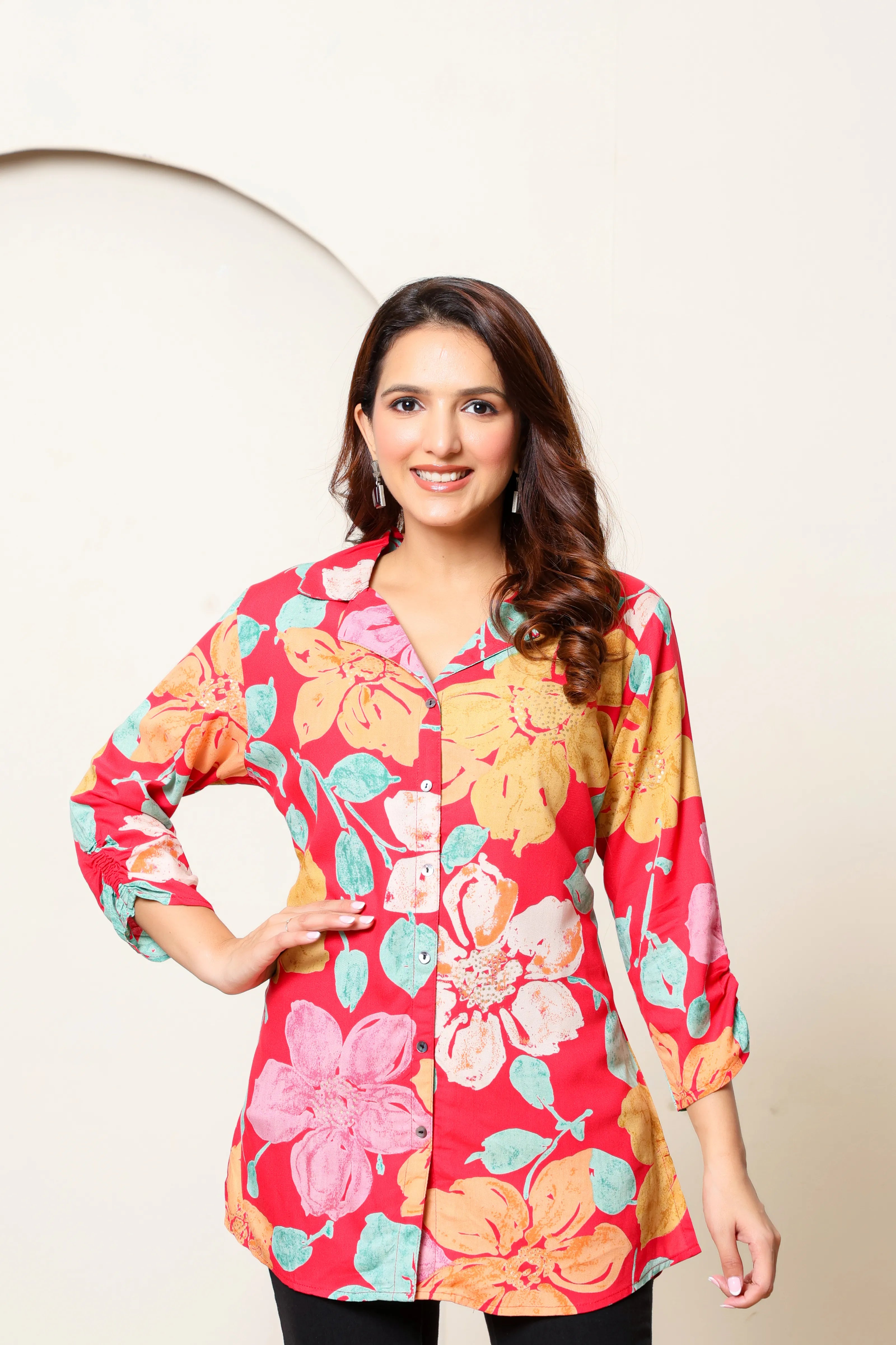 Pink Base Multicolor Floral Foil Printed Tunic