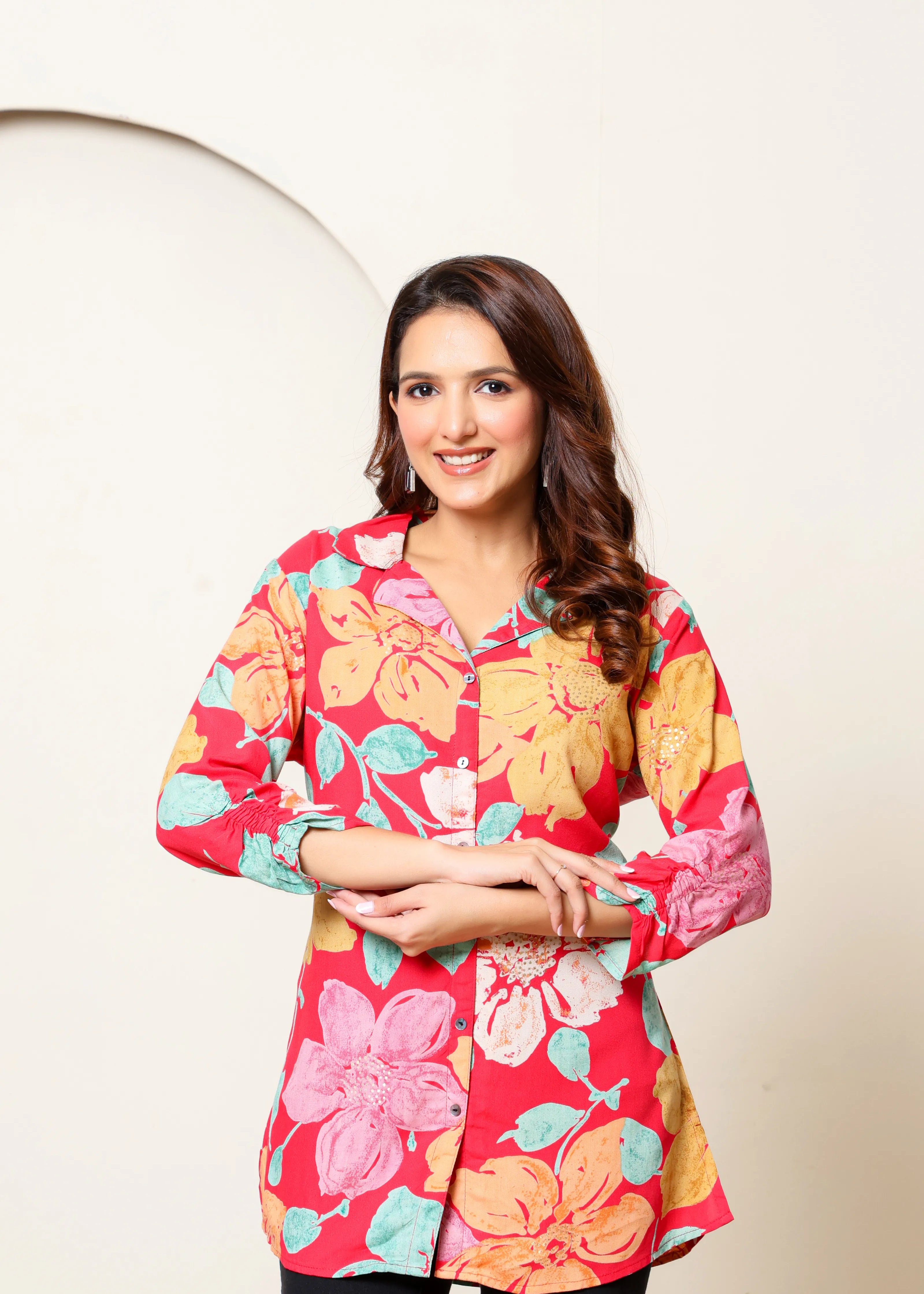 Pink Base Multicolor Floral Foil Printed Tunic
