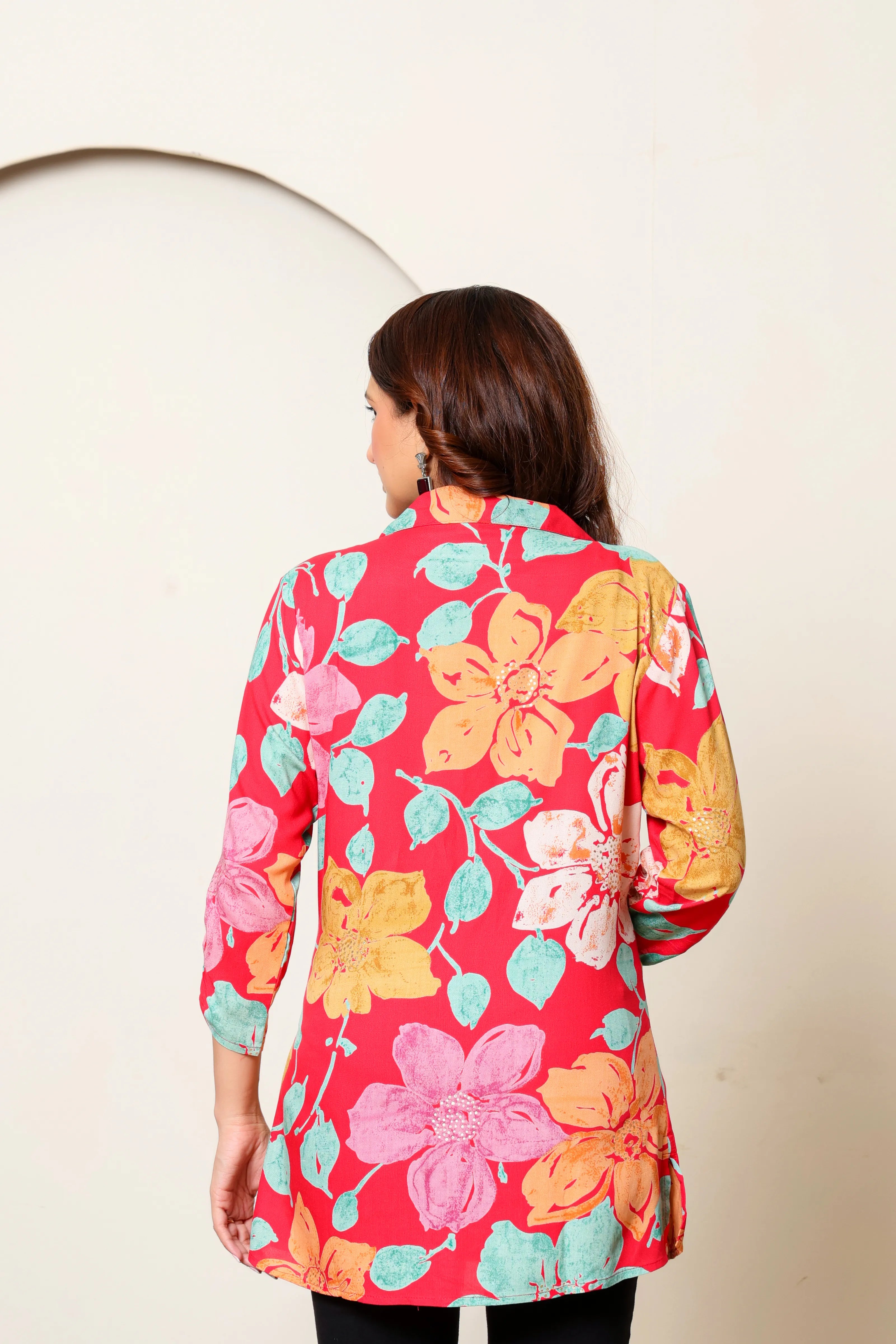 Pink Base Multicolor Floral Foil Printed Tunic