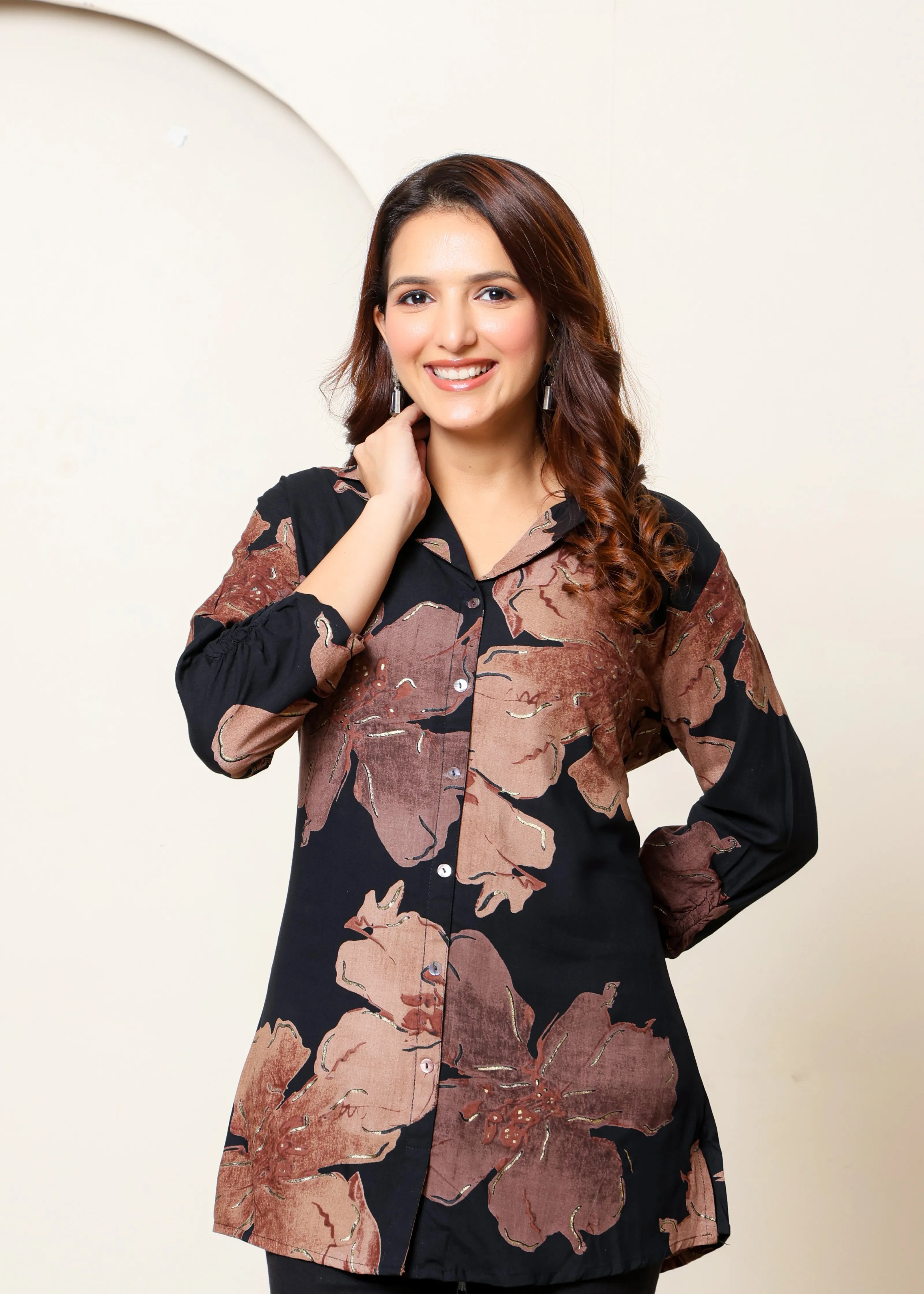 Black & Brown Foil Floral Rayon Short Tunic