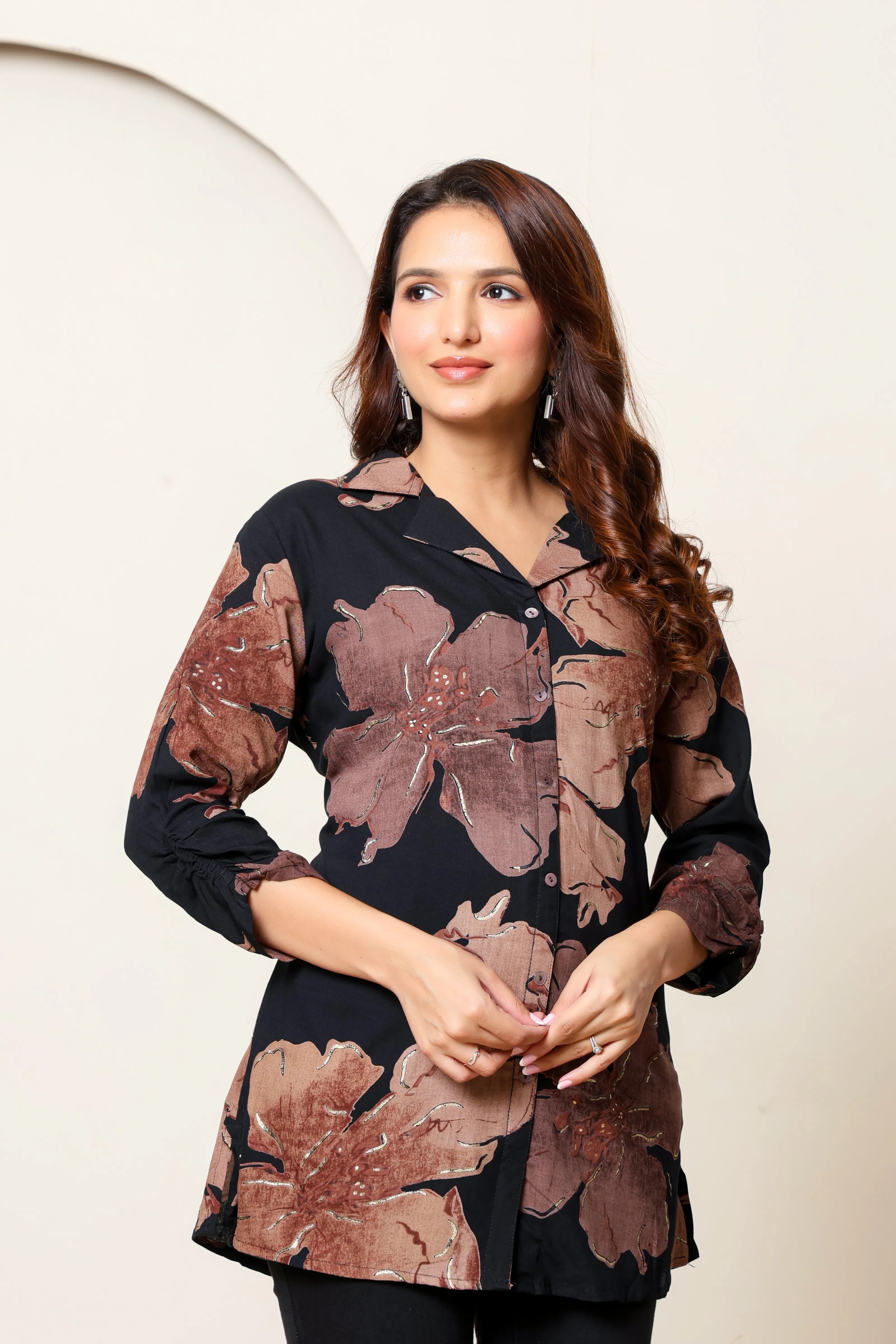 Black & Brown Foil Floral Rayon Short Tunic
