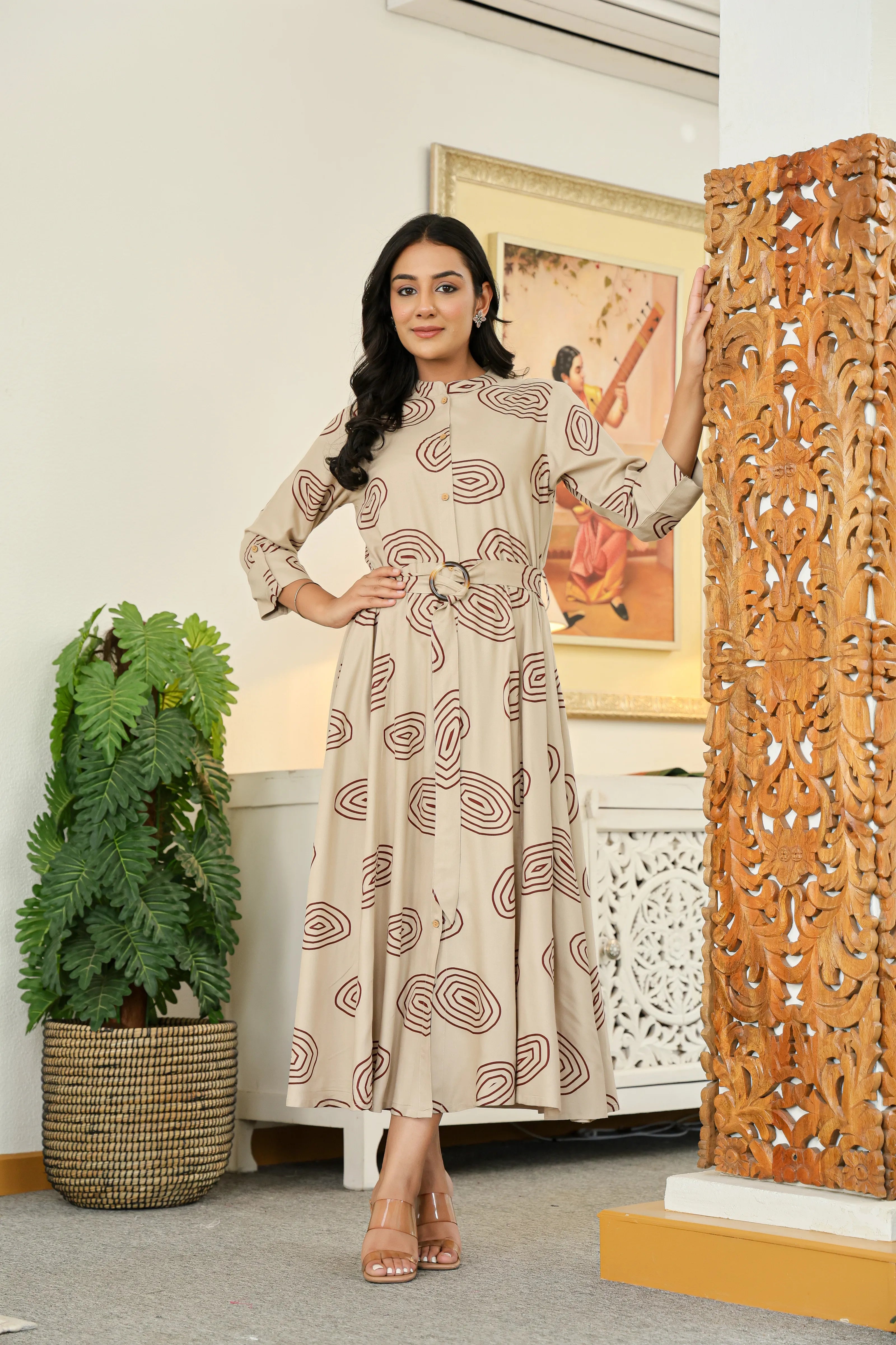 Stone Grey Long Dress with Belt & Concentric Prints in Viscose