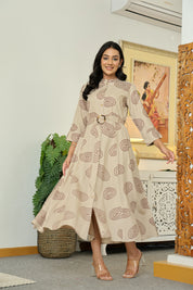 Stone Grey Long Dress with Belt & Concentric Prints in Viscose