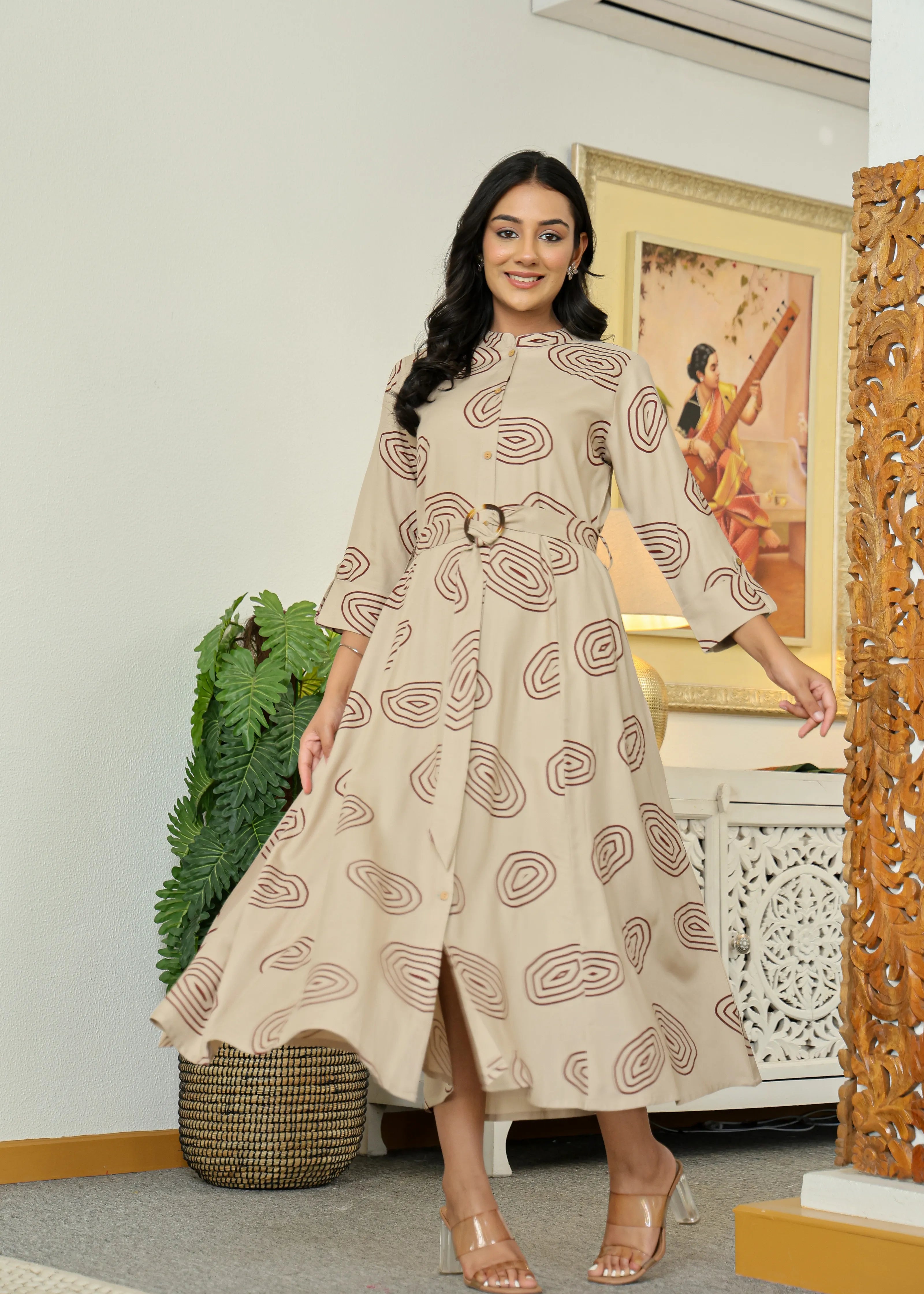 Stone Grey Long Dress with Belt & Concentric Prints in Viscose