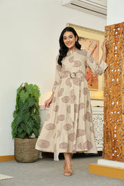 Stone Grey Long Dress with Belt & Concentric Prints in Viscose