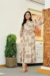 Stone Grey Long Dress with Belt & Concentric Prints in Viscose