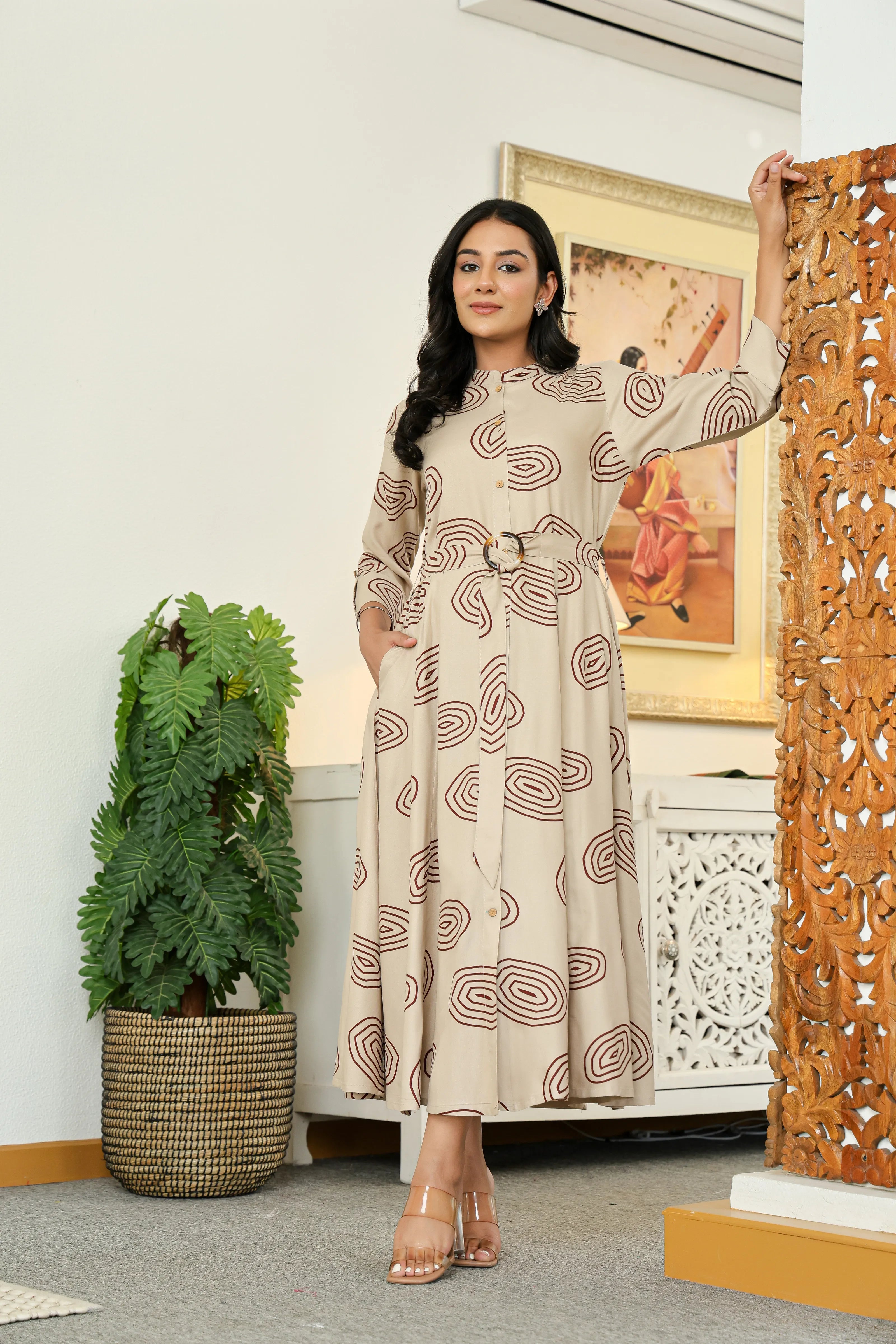 Stone Grey Long Dress with Belt & Concentric Prints in Viscose