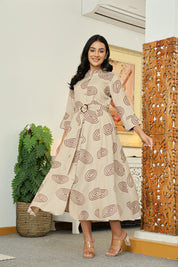 Stone Grey Long Dress with Belt & Concentric Prints in Viscose