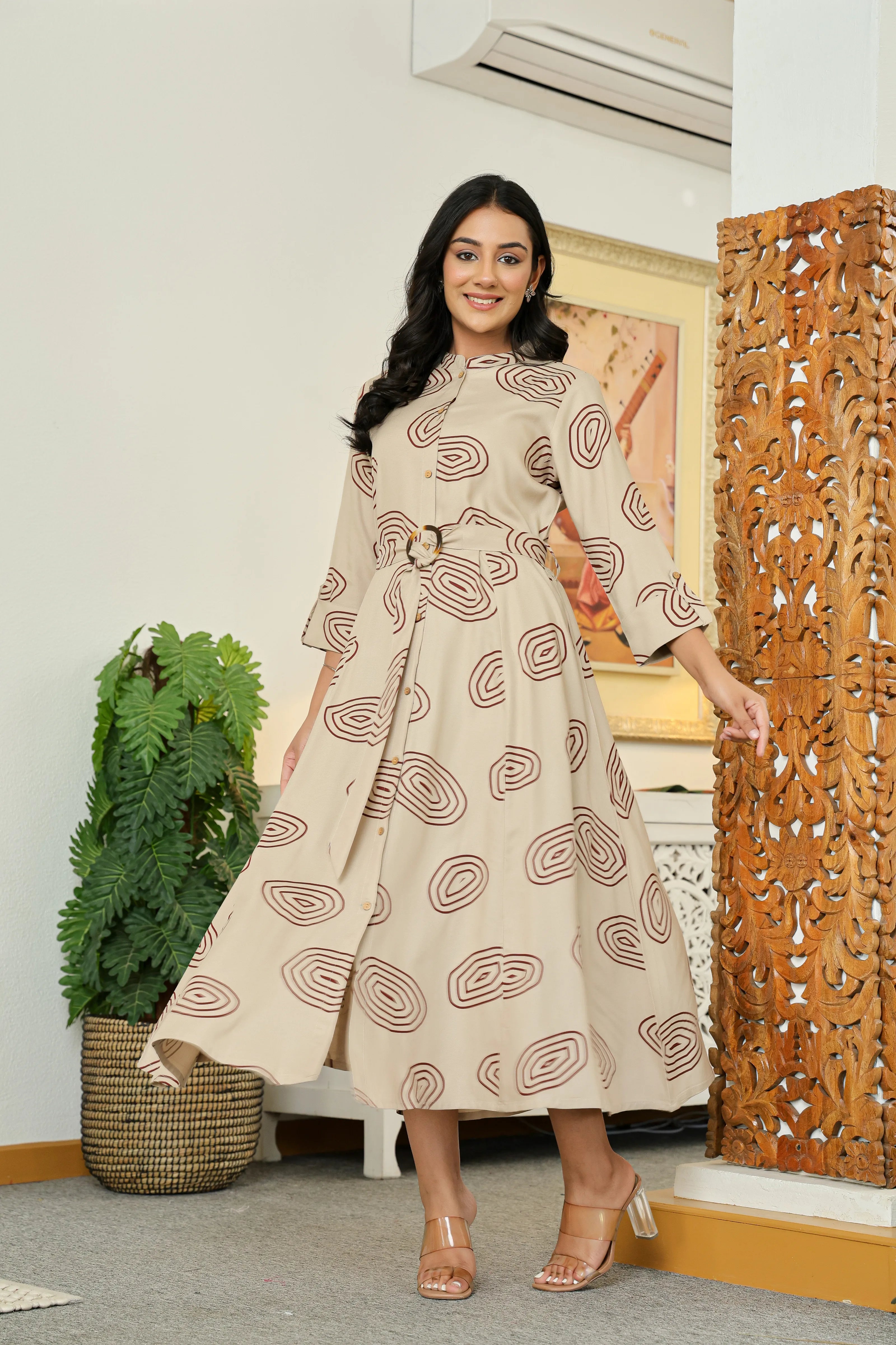 Stone Grey Long Dress with Belt & Concentric Prints in Viscose