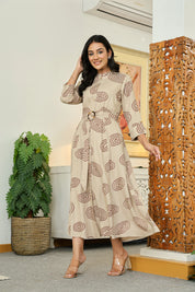 Stone Grey Long Dress with Belt & Concentric Prints in Viscose