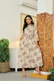 Stone Grey Long Dress with Belt & Concentric Prints in Viscose