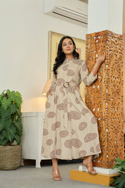 Stone Grey Long Dress with Belt & Concentric Prints in Viscose