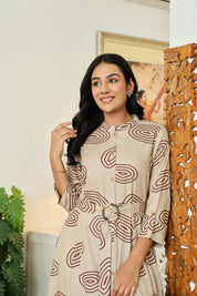 Stone Grey Long Dress with Belt & Concentric Prints in Viscose