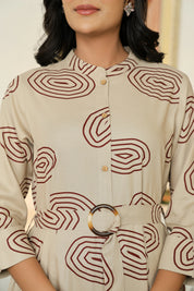 Stone Grey Long Dress with Belt & Concentric Prints in Viscose