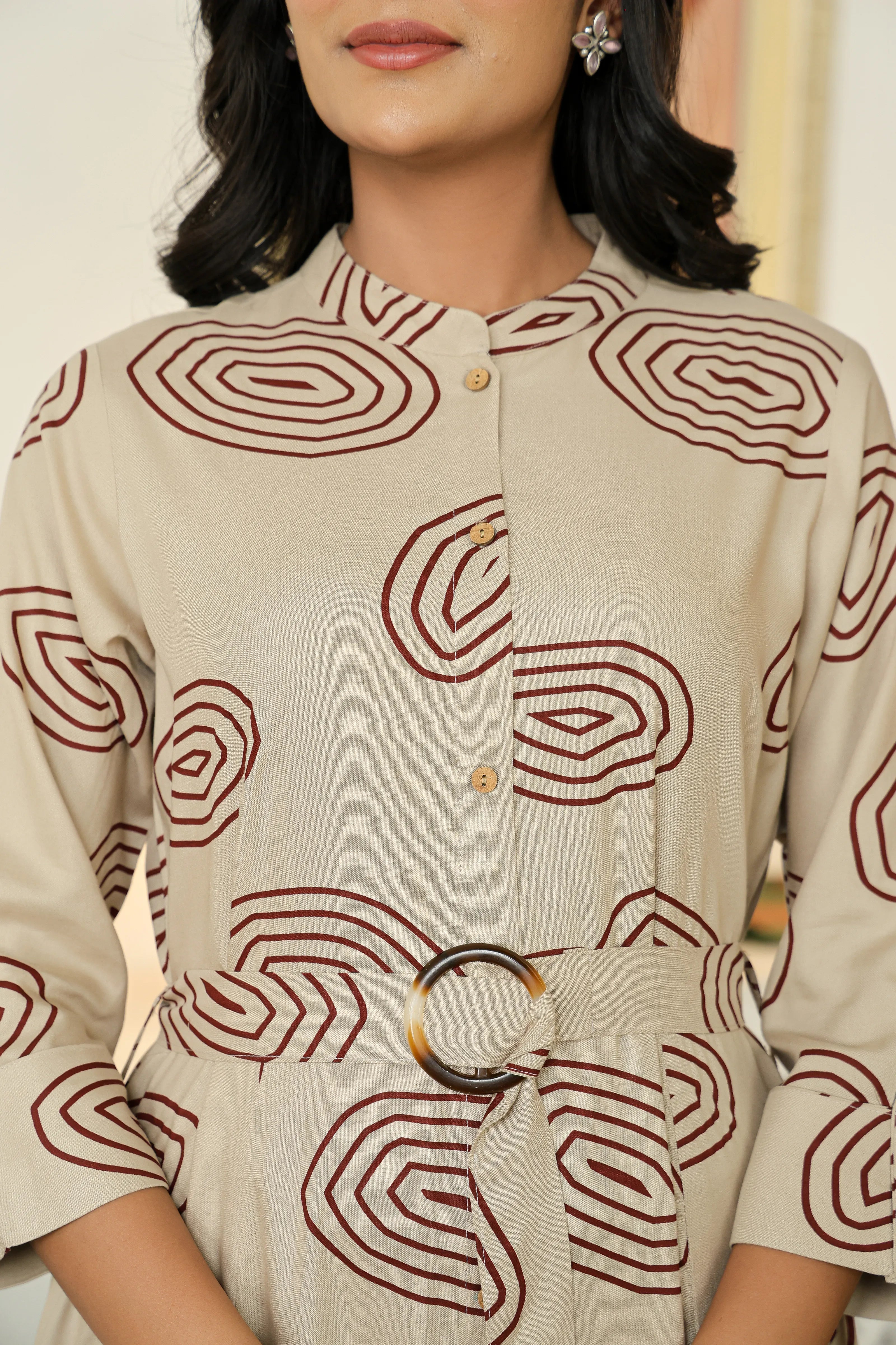 Stone Grey Long Dress with Belt & Concentric Prints in Viscose