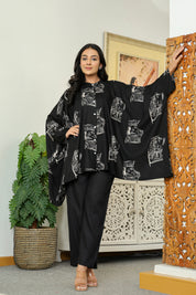 Black Base Cream King & Queen Print Kimono Co-ord Set