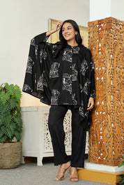 Black Base Cream King & Queen Print Kimono Co-ord Set