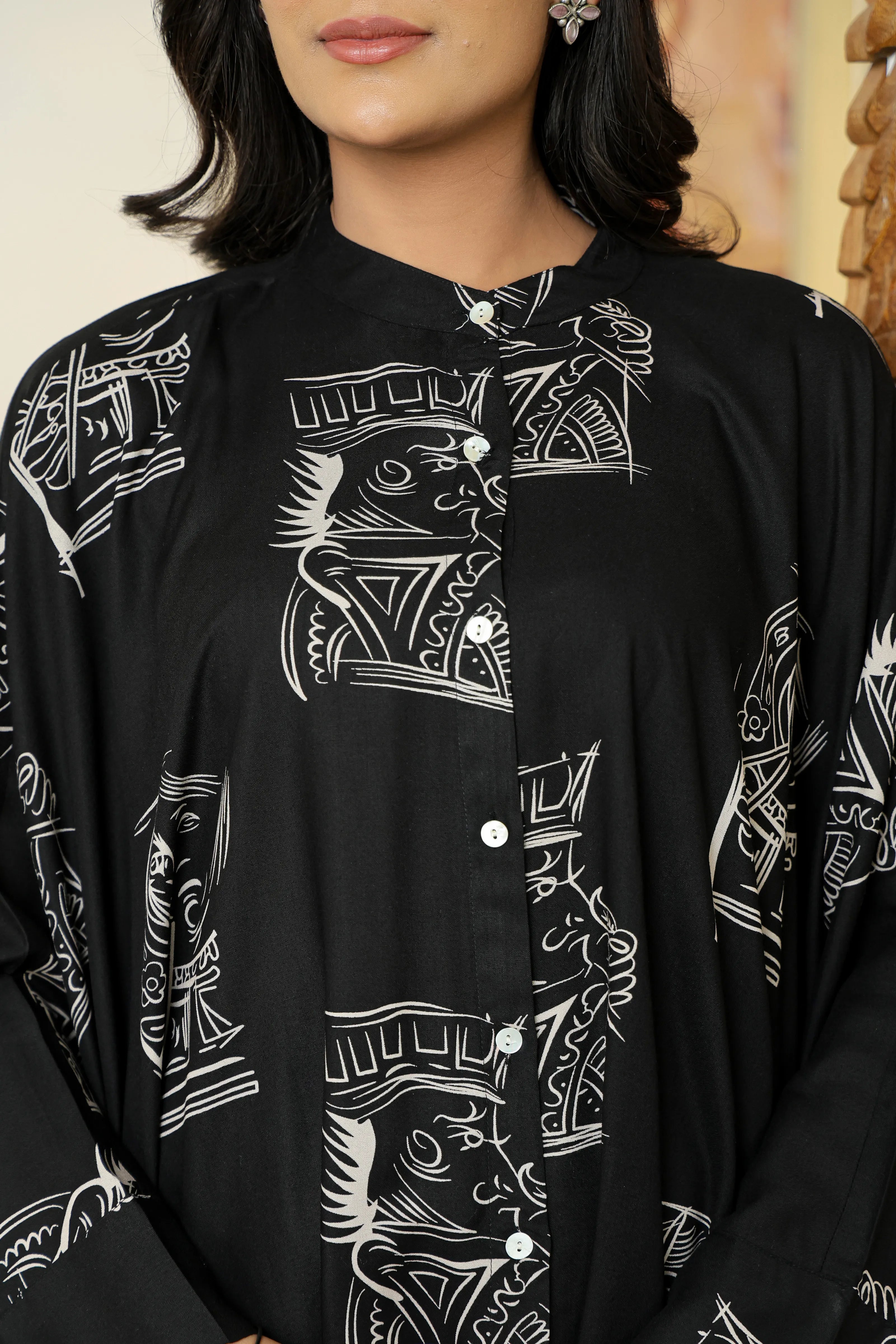 Black Base Cream King & Queen Print Kimono Co-ord Set