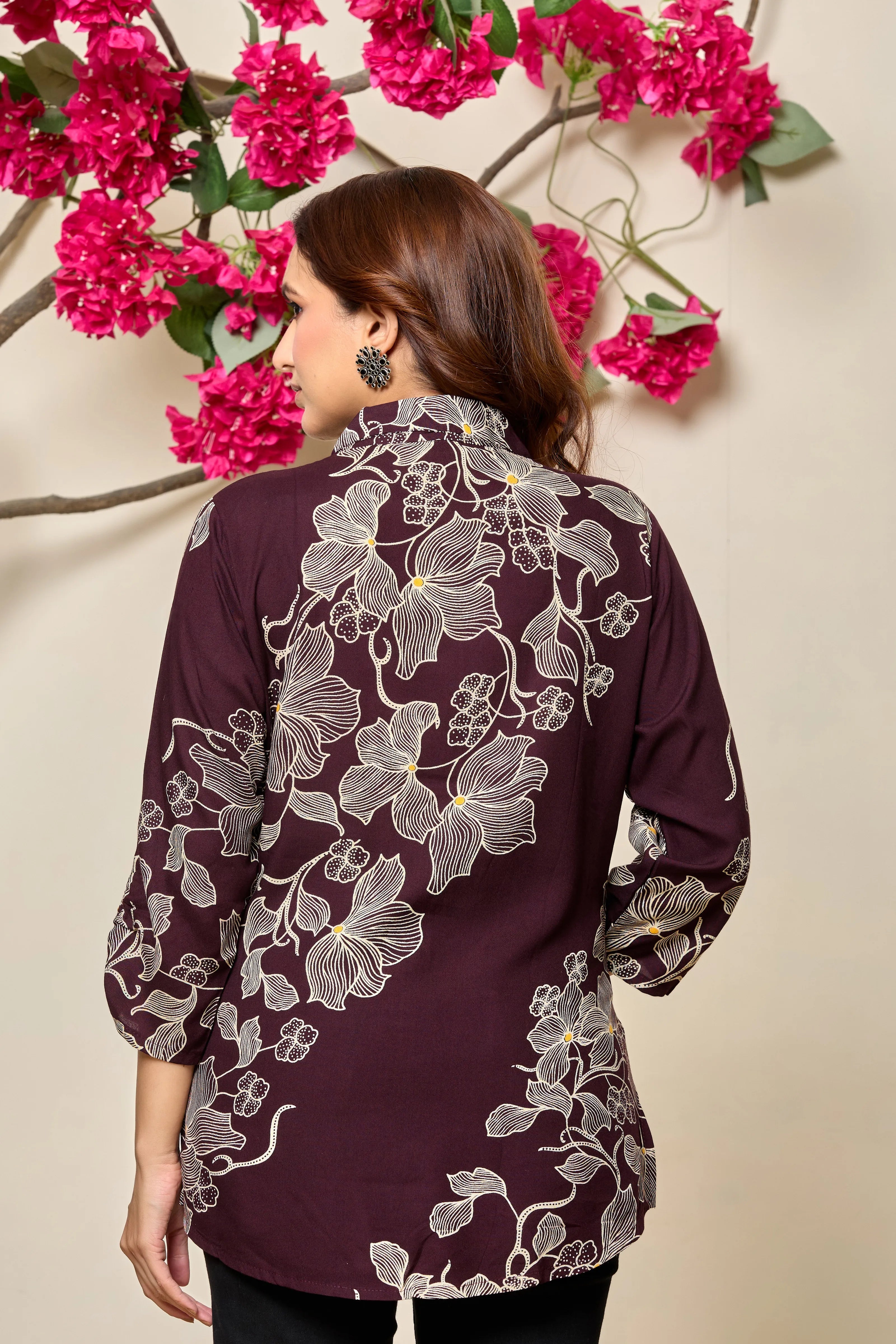 Wine Base Beige Floral Printed Rayon Tunic
