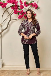 Wine Base Beige Floral Printed Rayon Tunic