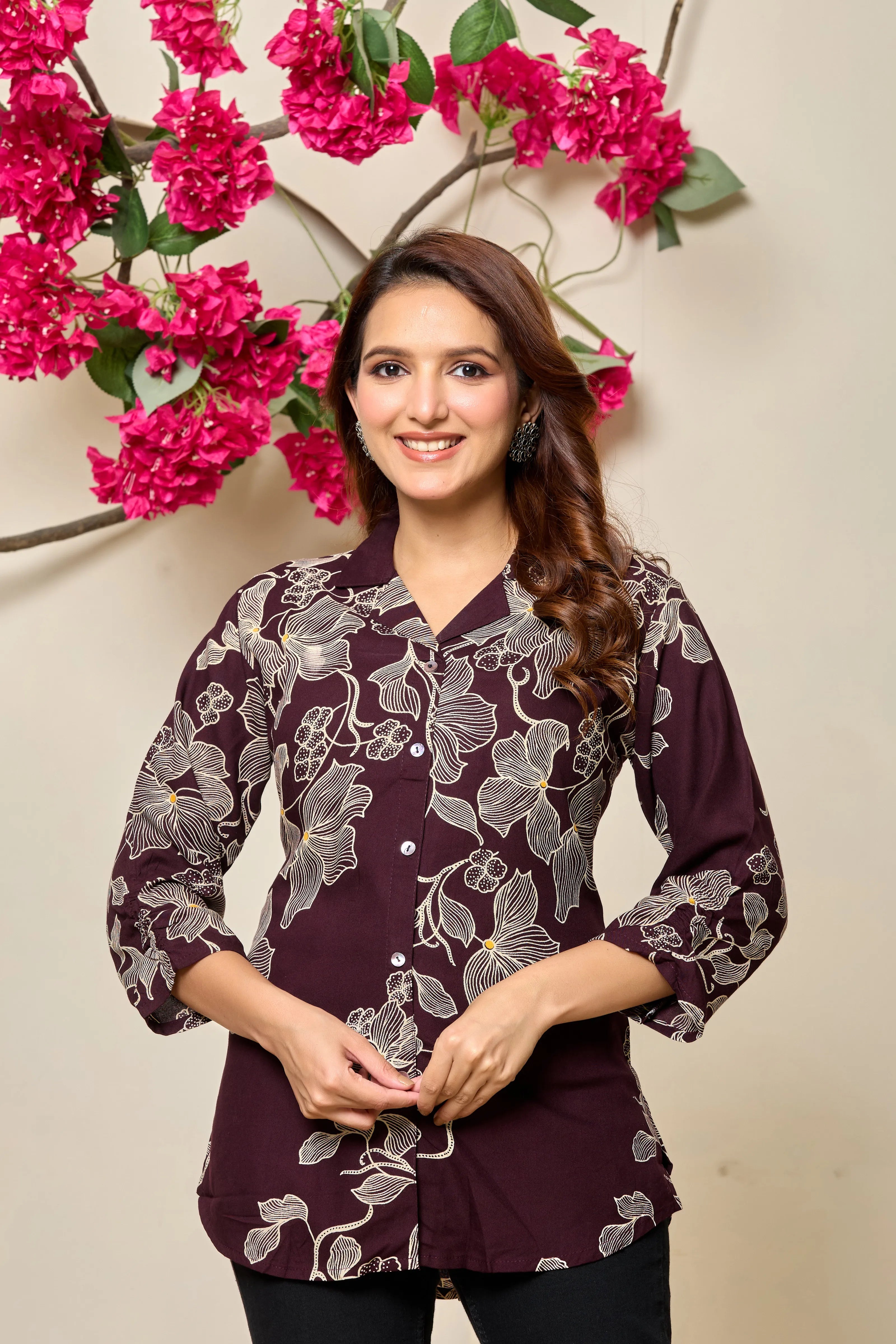 Wine Base Beige Floral Printed Rayon Tunic