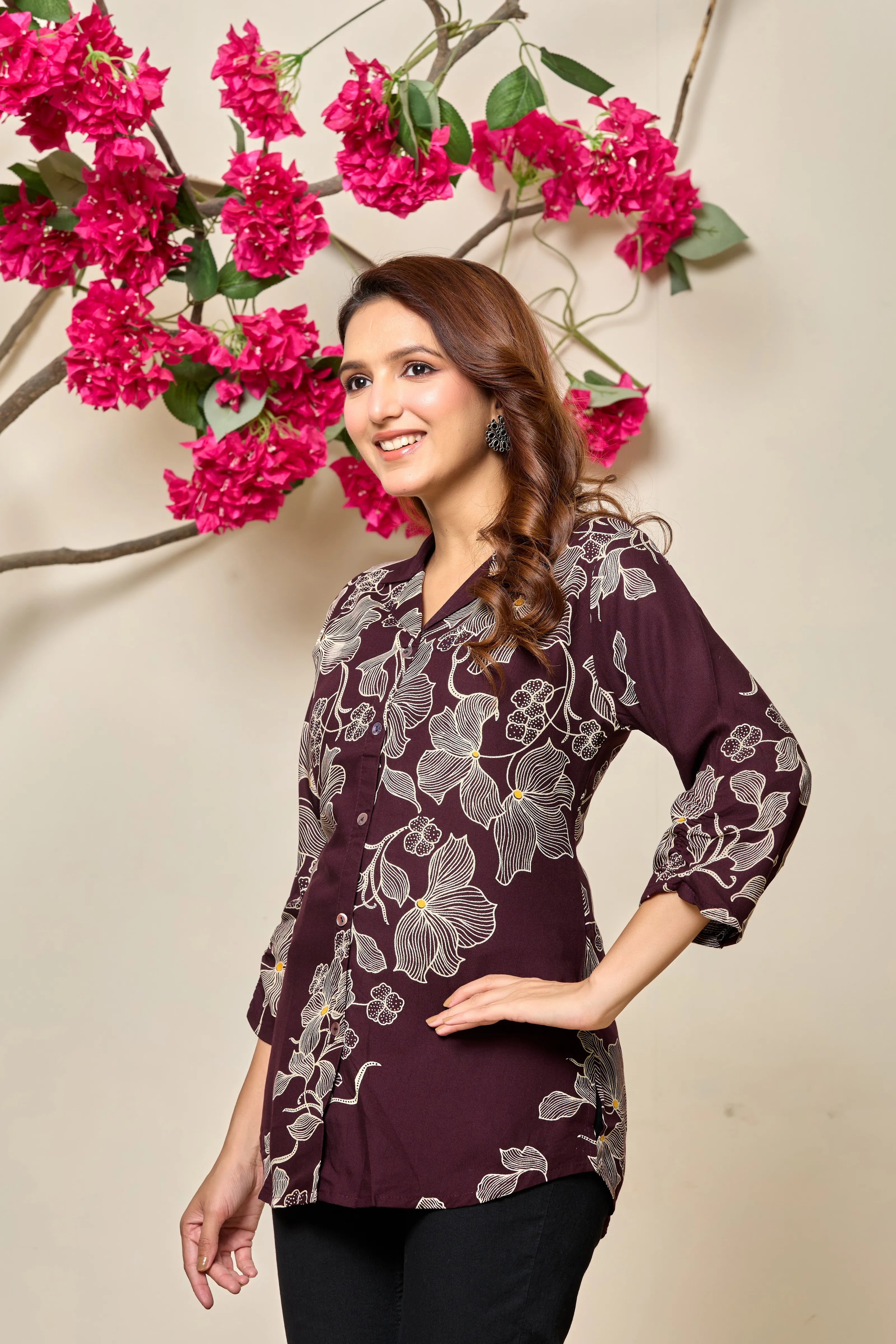 Wine Base Beige Floral Printed Rayon Tunic