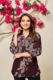 Wine Base Beige Floral Printed Rayon Tunic